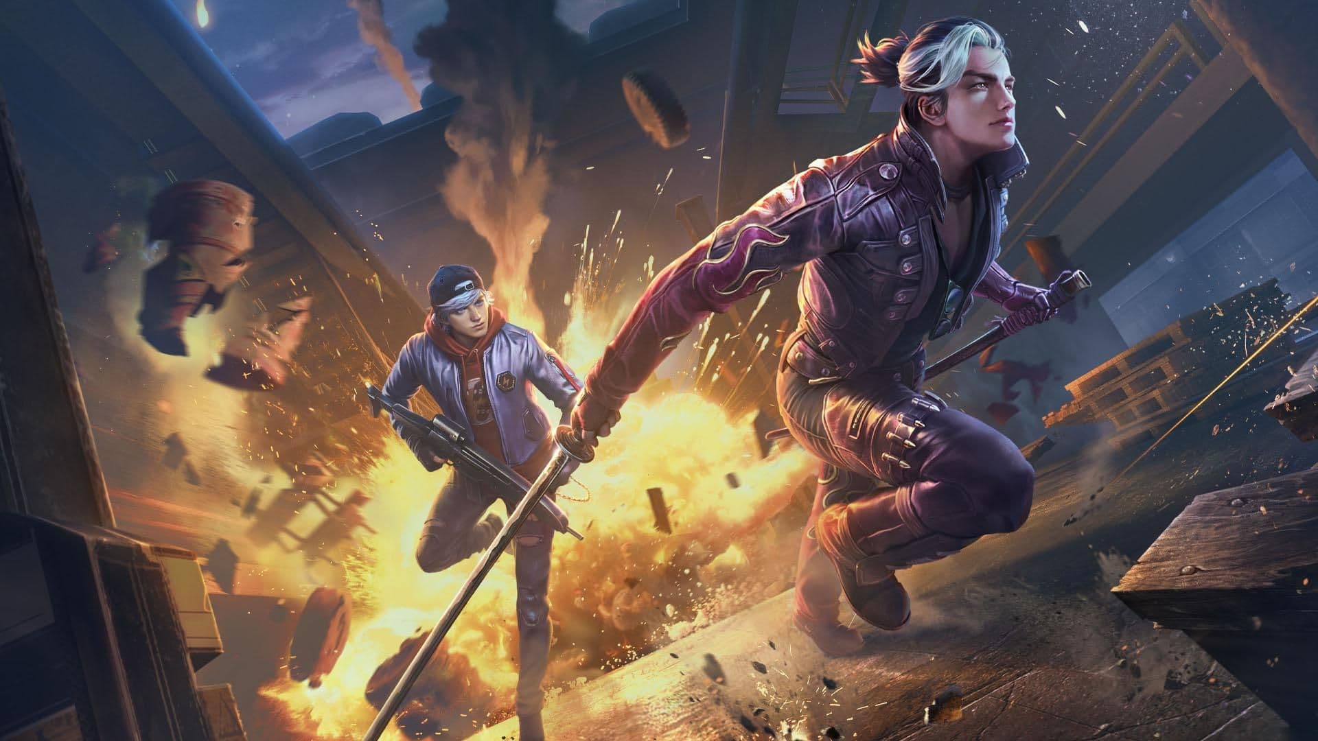 دو شخصیت Free Fire در حال فرار از میان انفجار روی پشتبام؛ تصویر رسمی Garena