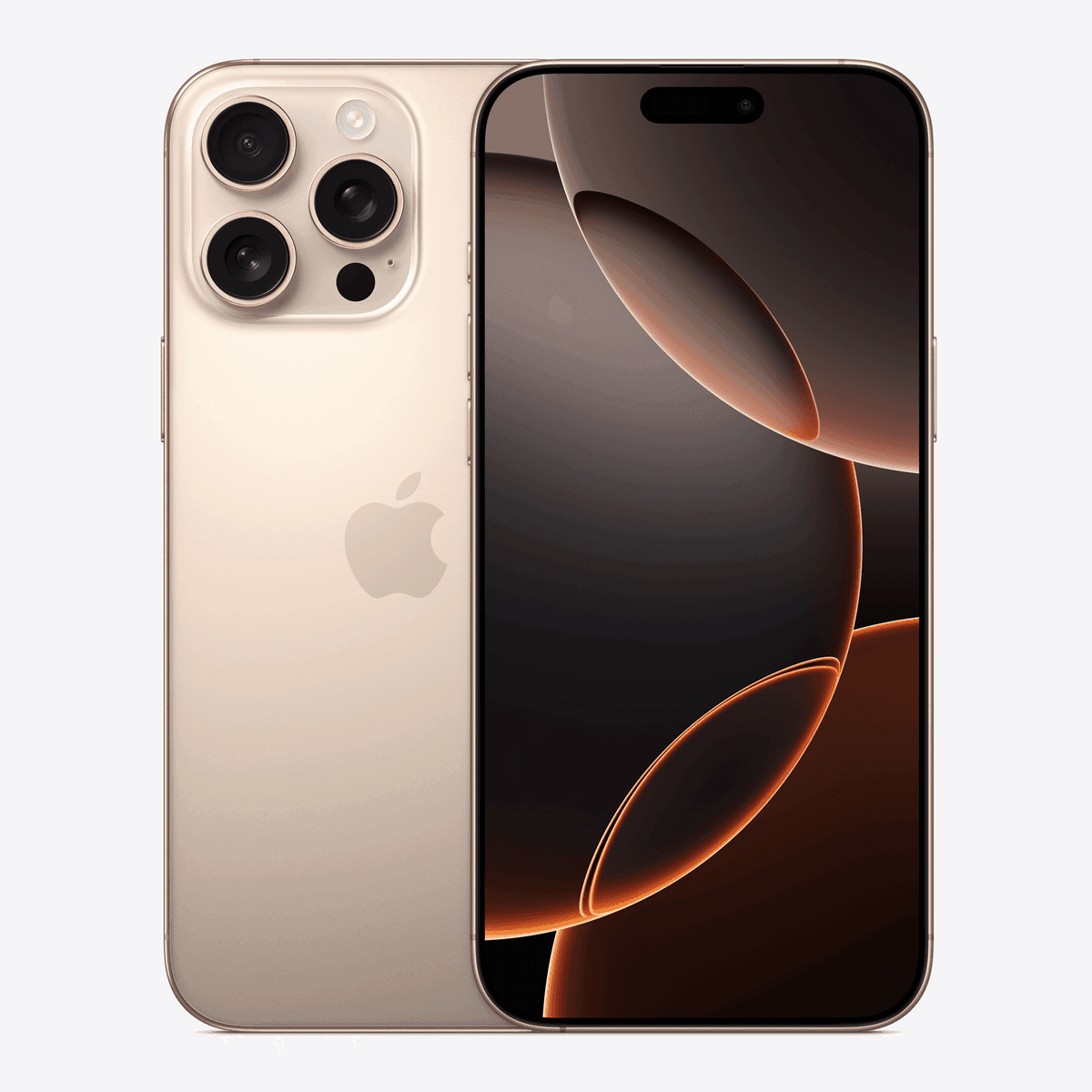 گوشی Apple iPhone 16 Pro Max رنگ تیتانیوم صحرایی از نمای پشت و جلو؛ تصویر رسمی اپل